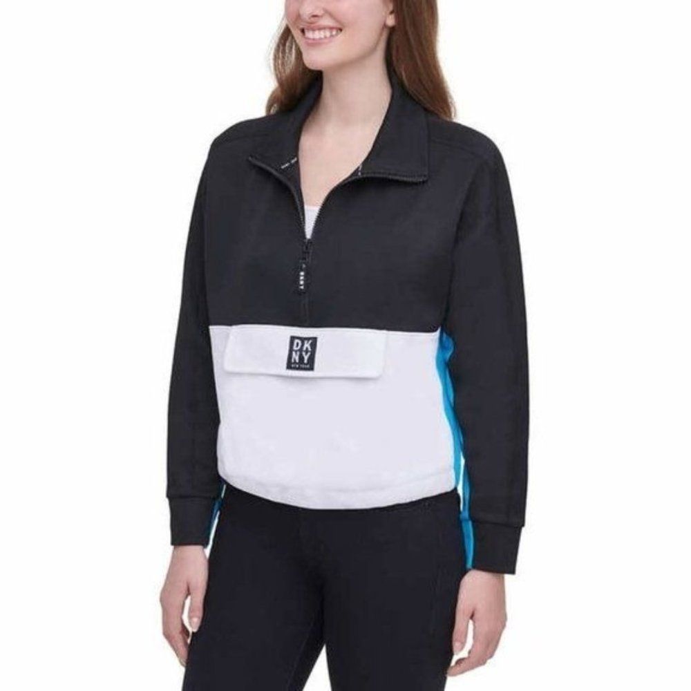 DKNY Black and White Women's Front Kangaroo Pocket Colorblock Sweatshirt Size L - Picture 1 of 10
